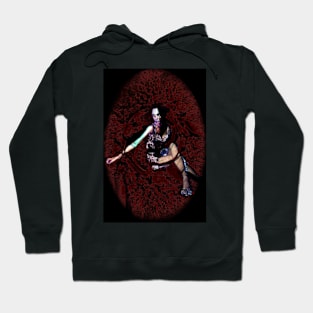 Woman in short dress, sitting in some red and black space. Weird, dark and beautiful. Hoodie